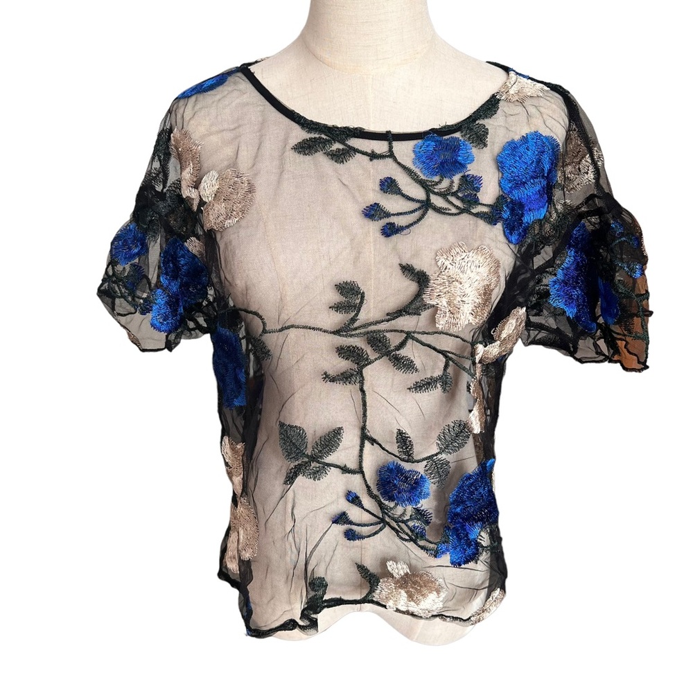 Black Sheer Mesh Cropped Short Flutter Sleeve Shirt Floral Embroidery Top Size L